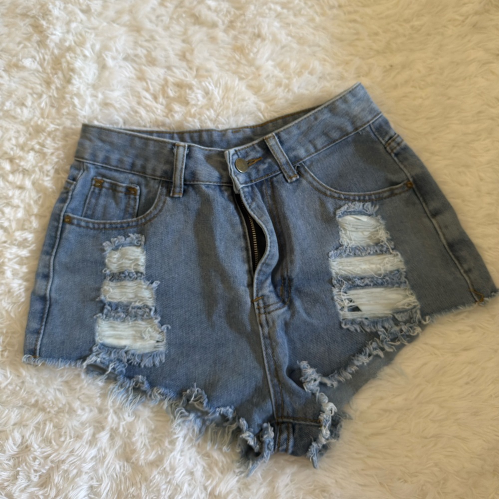 SHEIN Blue Distressed Denim Shorts High Waisted Raw Hem Y2K Summer XS